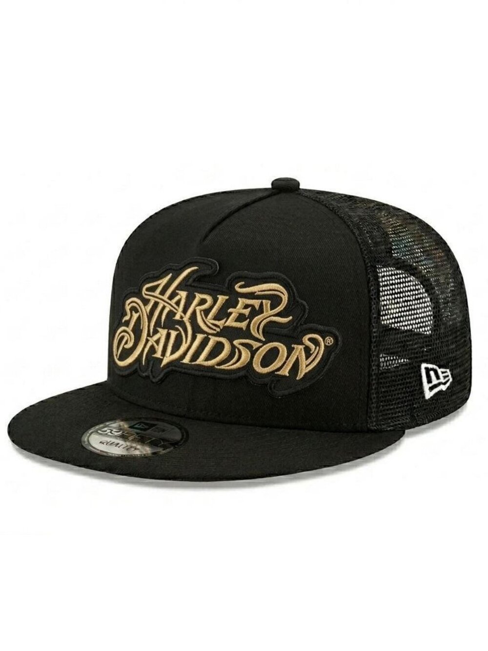 Harley Davidson Black Trucker Snapback Hat Gold Embroidered Logo Flat Brim Cap